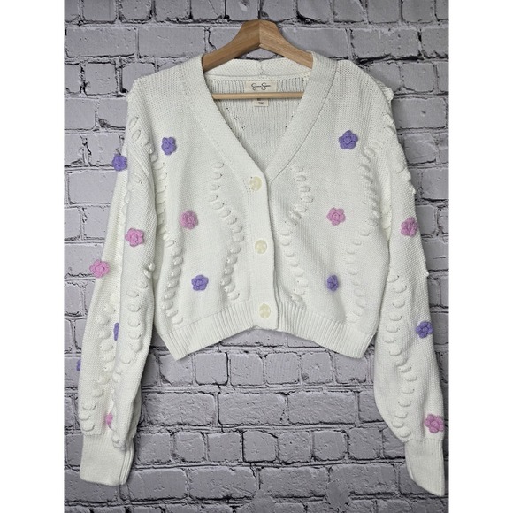 Jessica Simpson Sweaters - Jessica Simpson 3D Embroidered Flower Knit Cardigan White Purple Size Large